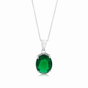 Sterling Silver Oval Created Emerald Pendant On Chain