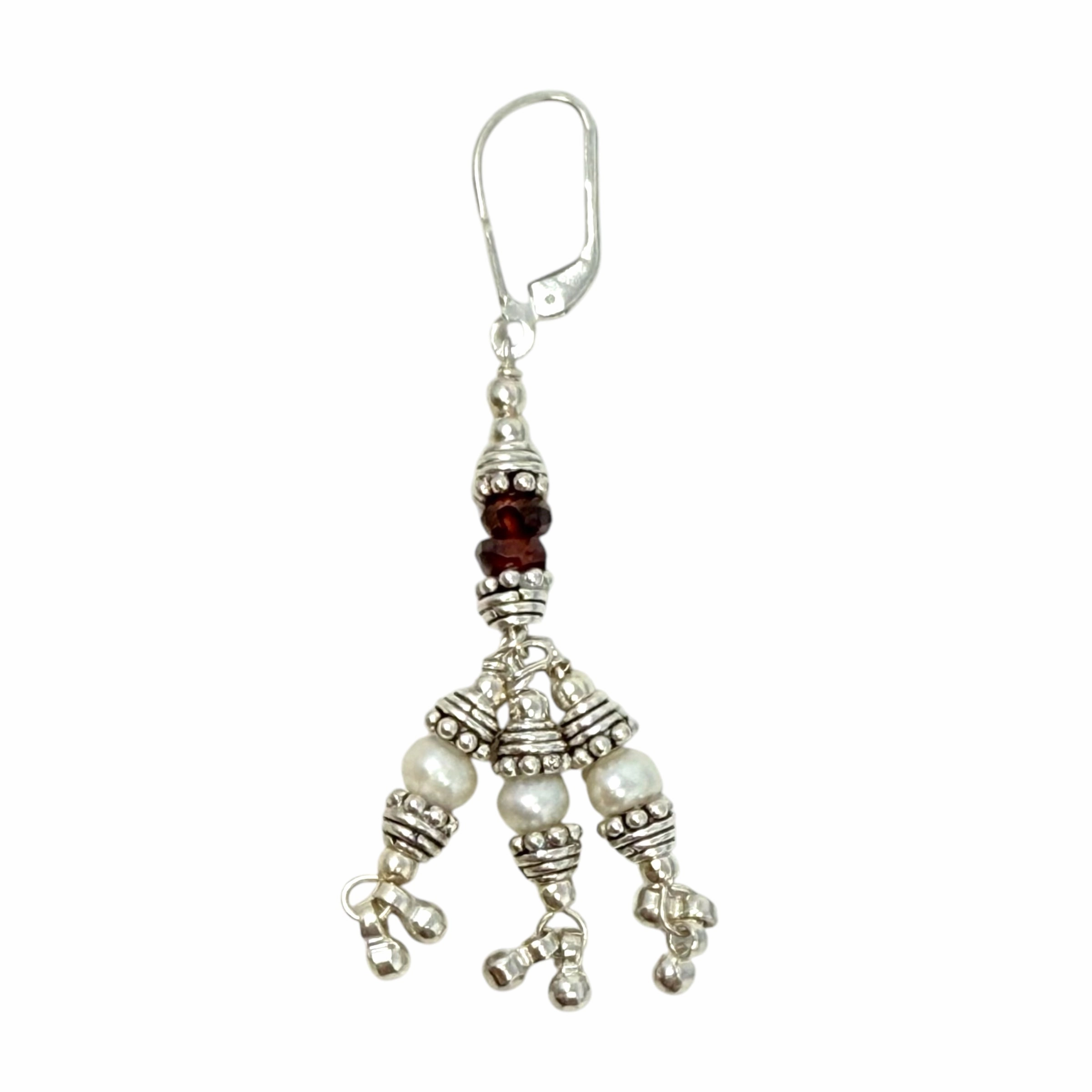 Sterling Silver Pearl & Red Stone Lever Back Dangle Earrings Unbranded