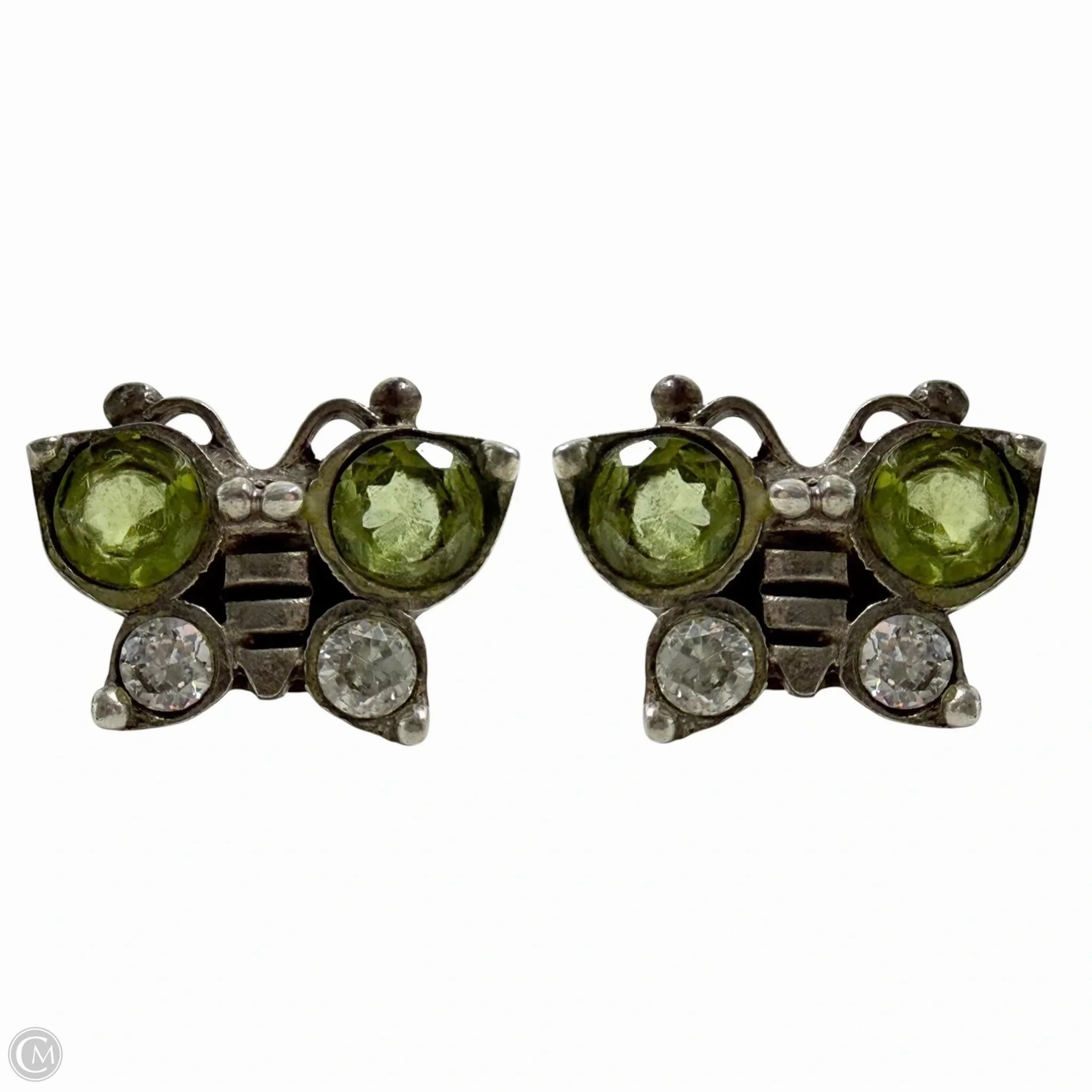 Sterling Silver, Peridot & Clear Stone Butterfly Stud Earrings By Unbranded