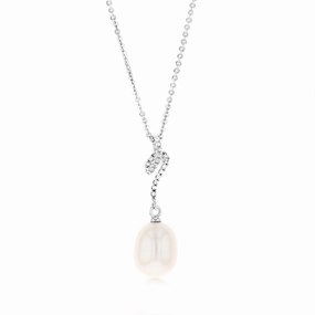 Sterling Silver Rhodium Plated 8.5-9mm Fresh Water Drop Pearl & Zirconia Pendant On Chain