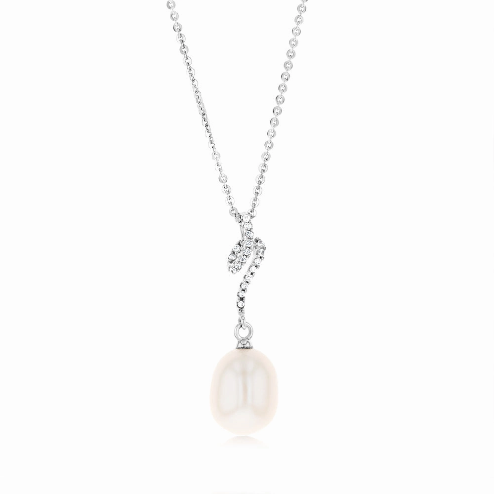 Sterling Silver Rhodium Plated 8.5-9mm Fresh Water Drop Pearl & Zirconia Pendant On Chain