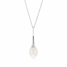 Sterling Silver Rhodium Plated 9-9.5mm Oval Fresh Water Pearl Pendant On Chain