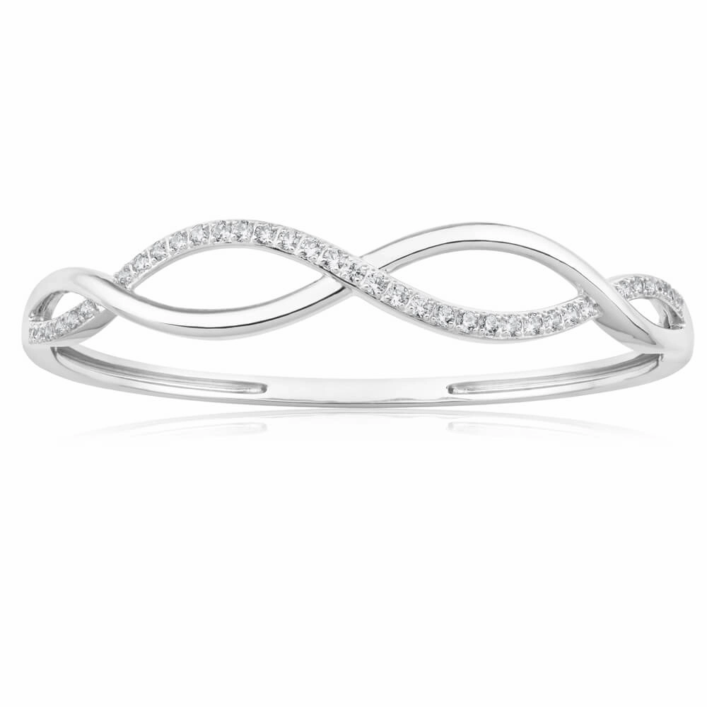 Sterling Silver Rhodium Plated Cubic Zirconia Open Twist 60mm Hinged Bangle