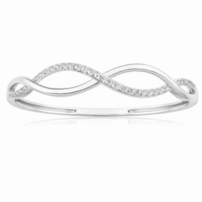 Sterling Silver Rhodium Plated Cubic Zirconia Open Twist 60mm Hinged Bangle