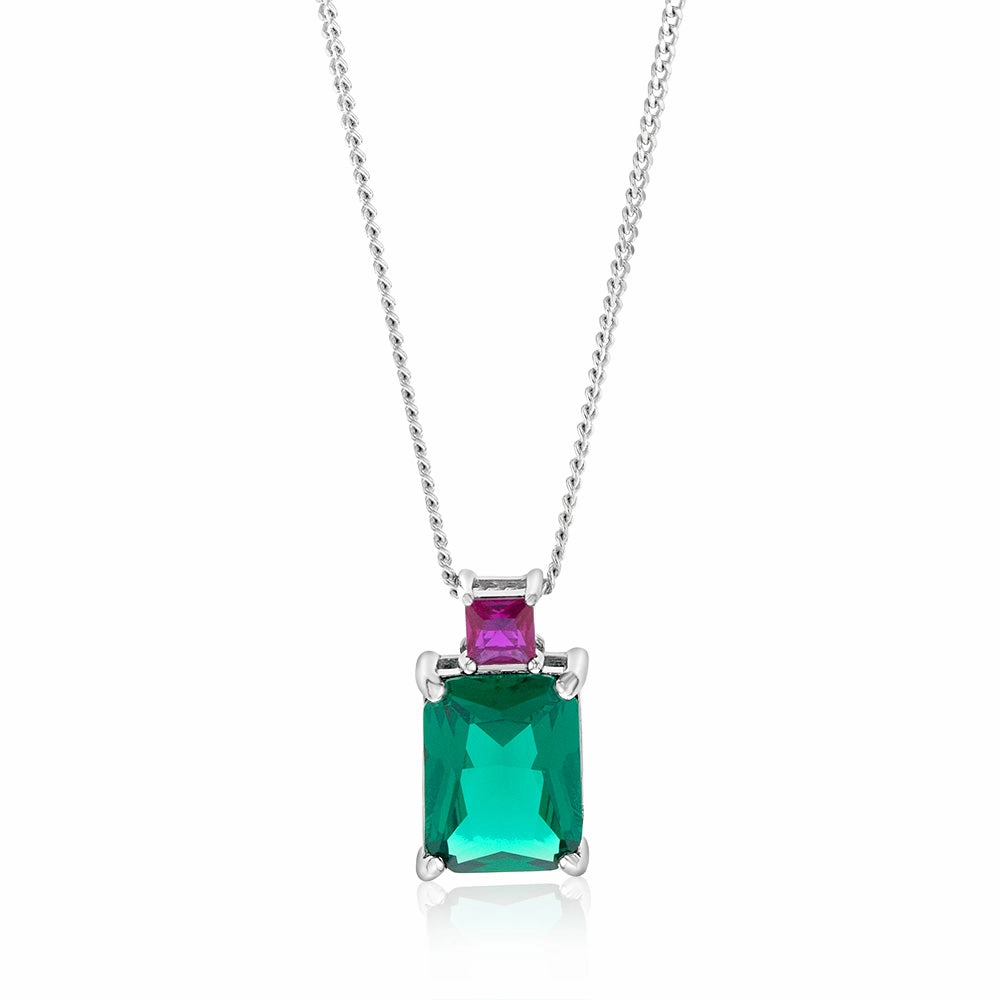 Sterling Silver Rhodium Plated Green And Pink Square Cubic Zirconia Pendant