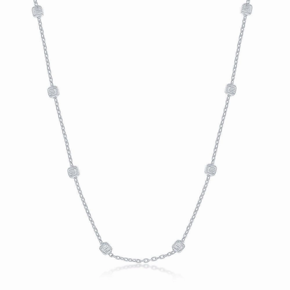 Sterling Silver Rhodium Plated Grid Square Beaded Chain, 16"