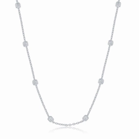 Sterling Silver Rhodium Plated Grid Square Beaded Chain, 16"