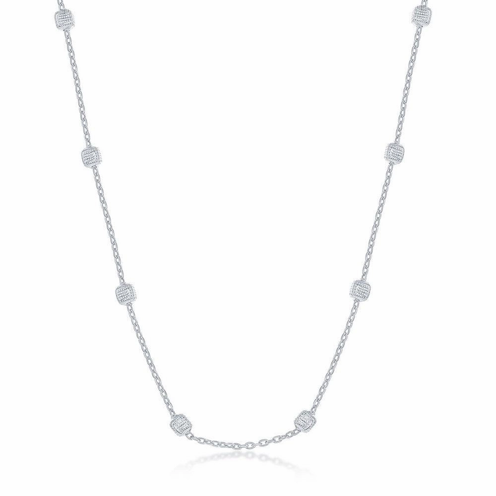 Sterling Silver Rhodium Plated Grid Square Beaded Chain, 18"