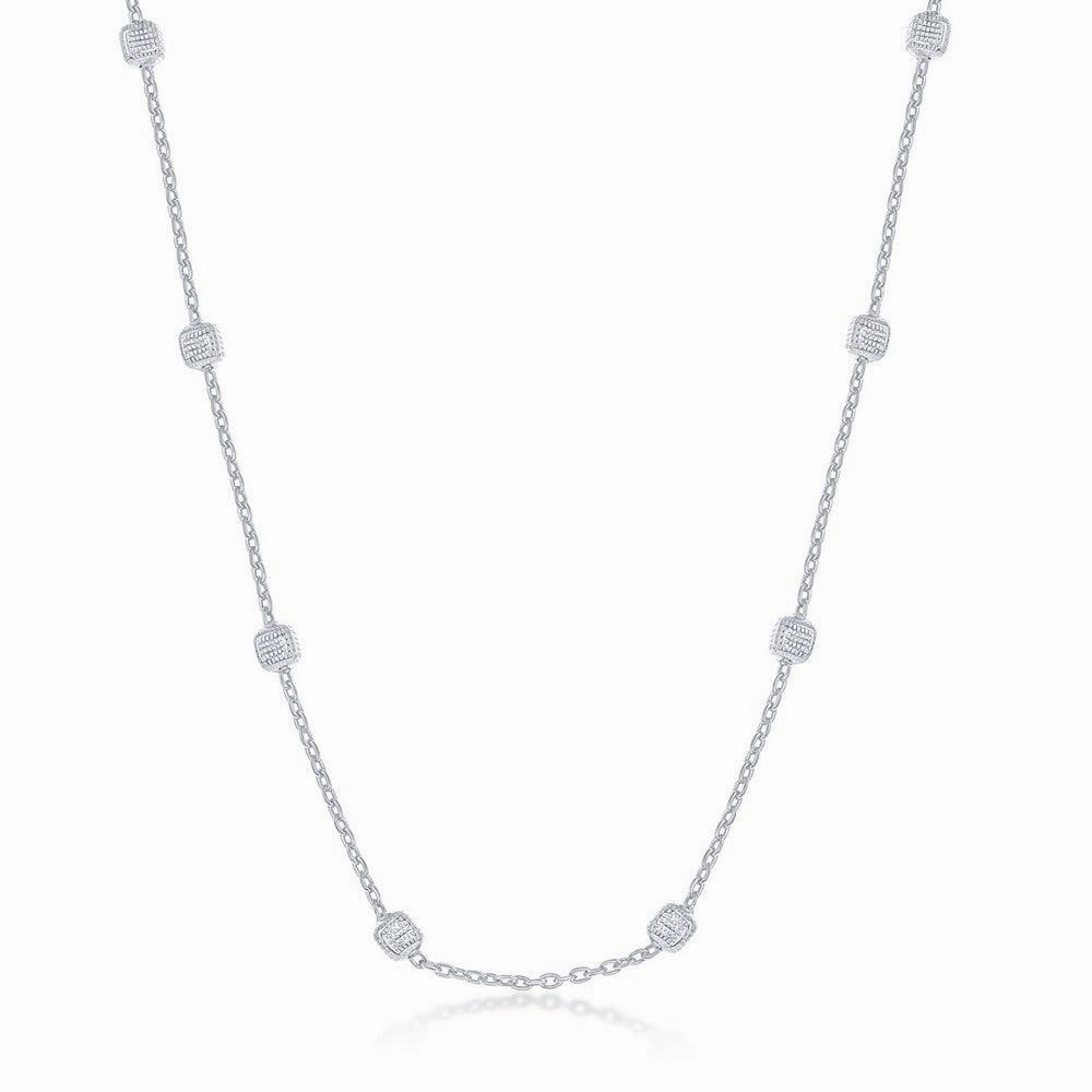 Sterling Silver Rhodium Plated Grid Square Beaded Chain, 20"