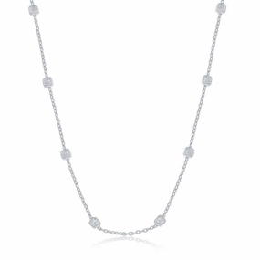 Sterling Silver Rhodium Plated Grid Square Beaded Chain, 24"