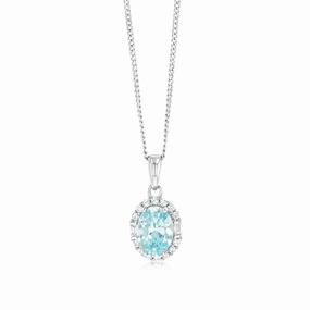 Sterling Silver Rhodium Plated White And Aquamarine Cubic Zirconia Oval Pendant