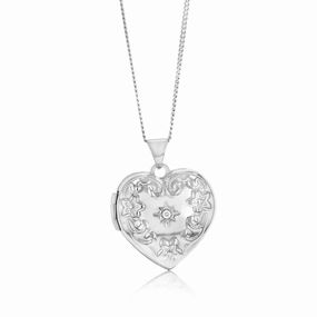 Sterling Silver Rhodium Plated White Cubic Zirconia Engraved Heart Locket