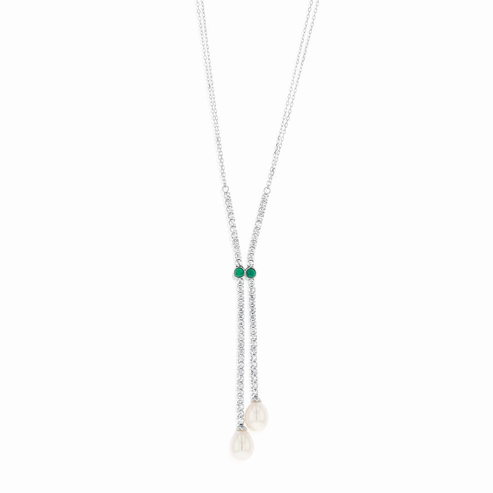 Sterling Silver Rhodium Plated Zirconia And 7.5-8mm Oval Fresh Water Pearl Pendant On Chain