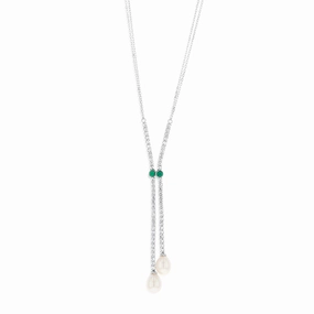 Sterling Silver Rhodium Plated Zirconia And 7.5-8mm Oval Fresh Water Pearl Pendant On Chain