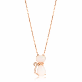 Sterling Silver Rose Gold Plate Created Opal & Zirconia Cat Pendant with 42 3cm Chain