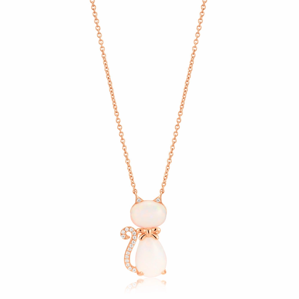 Sterling Silver Rose Gold Plate Created Opal & Zirconia Cat Pendant with 42 3cm Chain