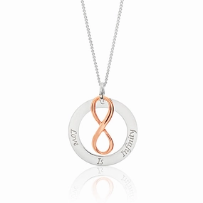Sterling Silver Rose Gold Plated Love Is Infinity Pendant With 40   5cm Chain