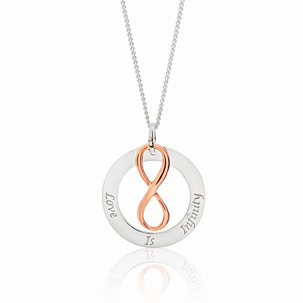 Sterling Silver Rose Gold Plated Love Is Infinity Pendant With 40   5cm Chain