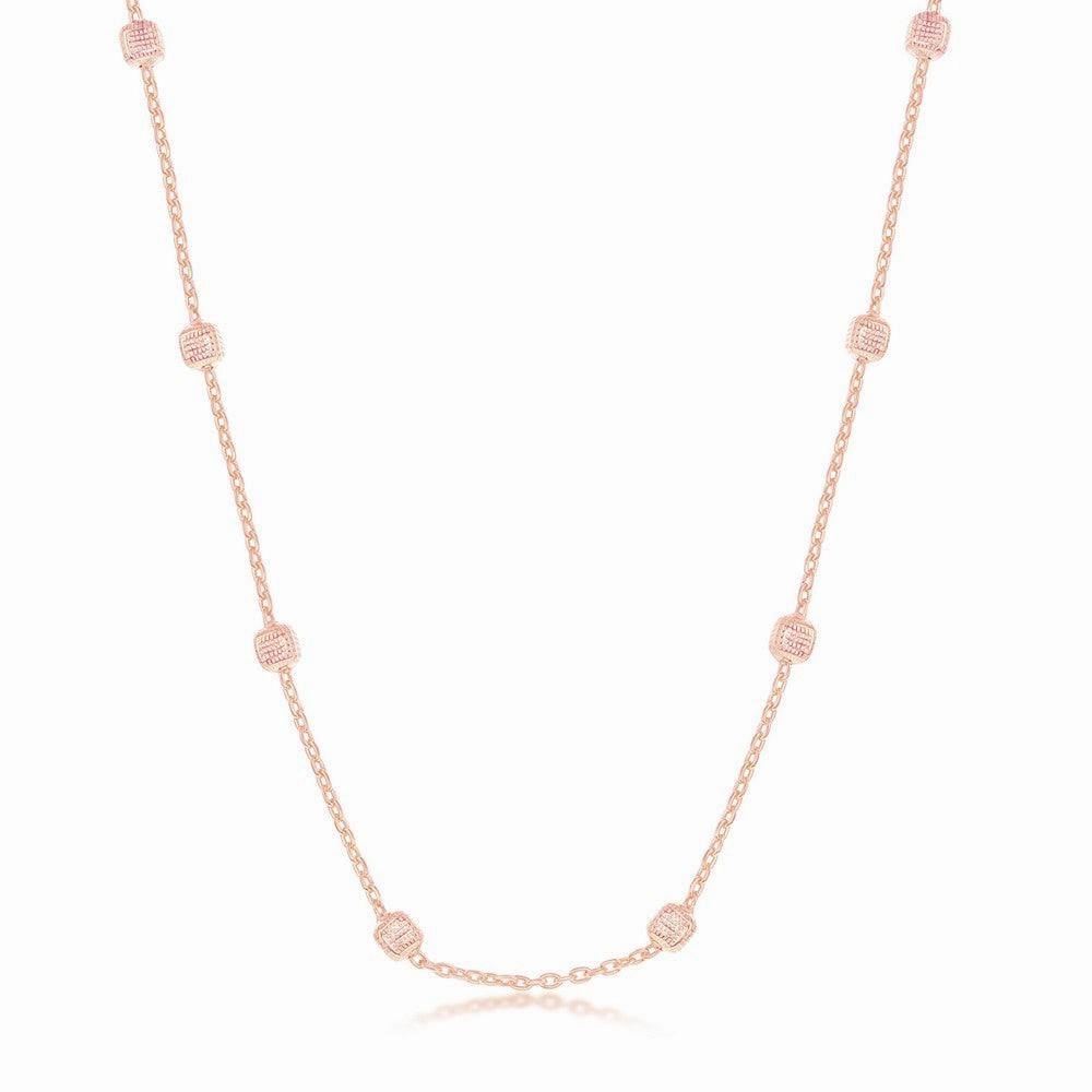 Sterling Silver Rose GP Grid Square Beaded Chain, 18"