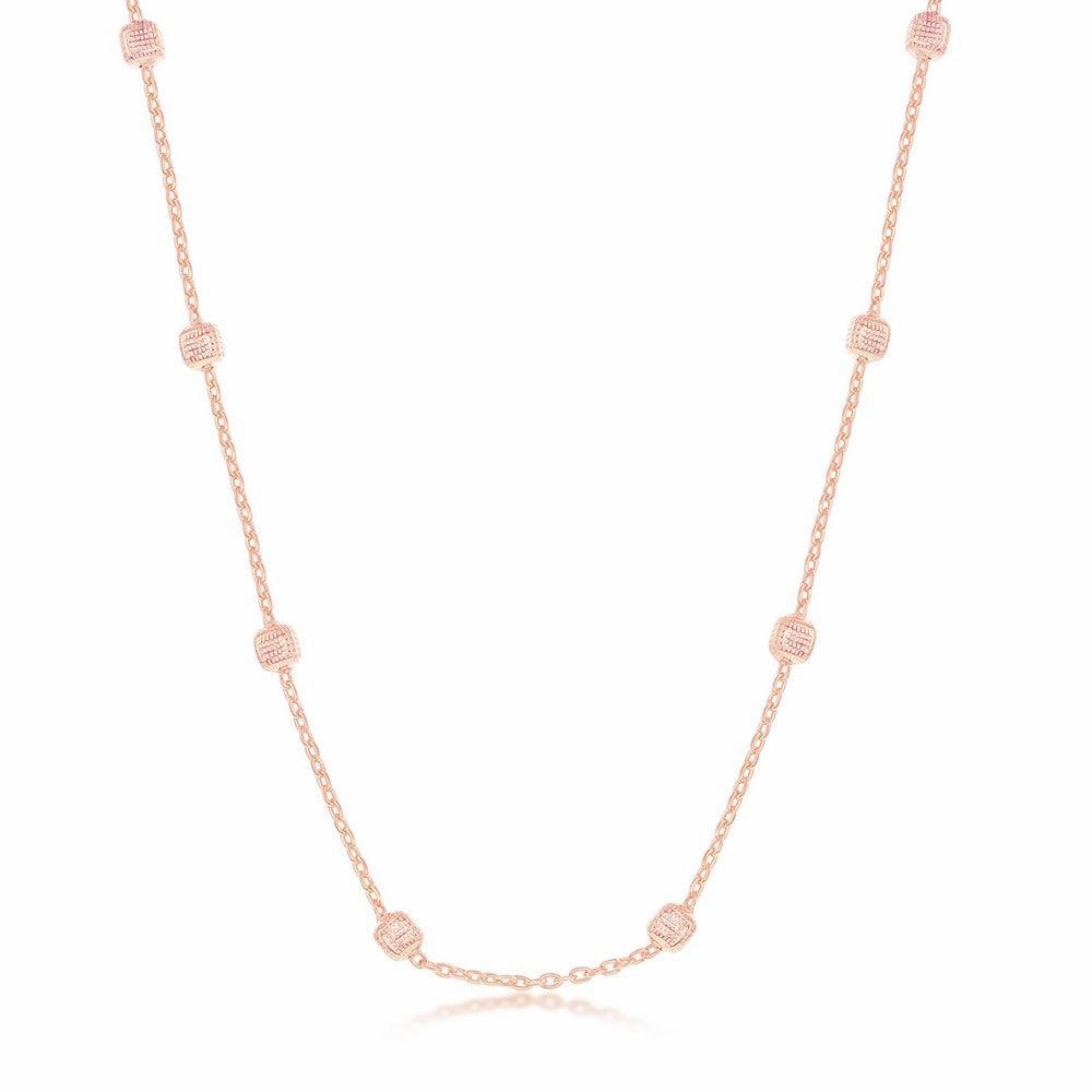 Sterling Silver Rose GP Grid Square Beaded Chain, 24"