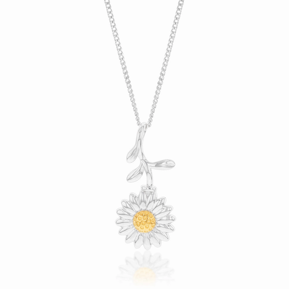 Sterling Silver Sunflower With Stem And Yellow Center Pendant