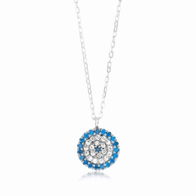 Sterling Silver White And Blue Round Pendant On 45cm Chain