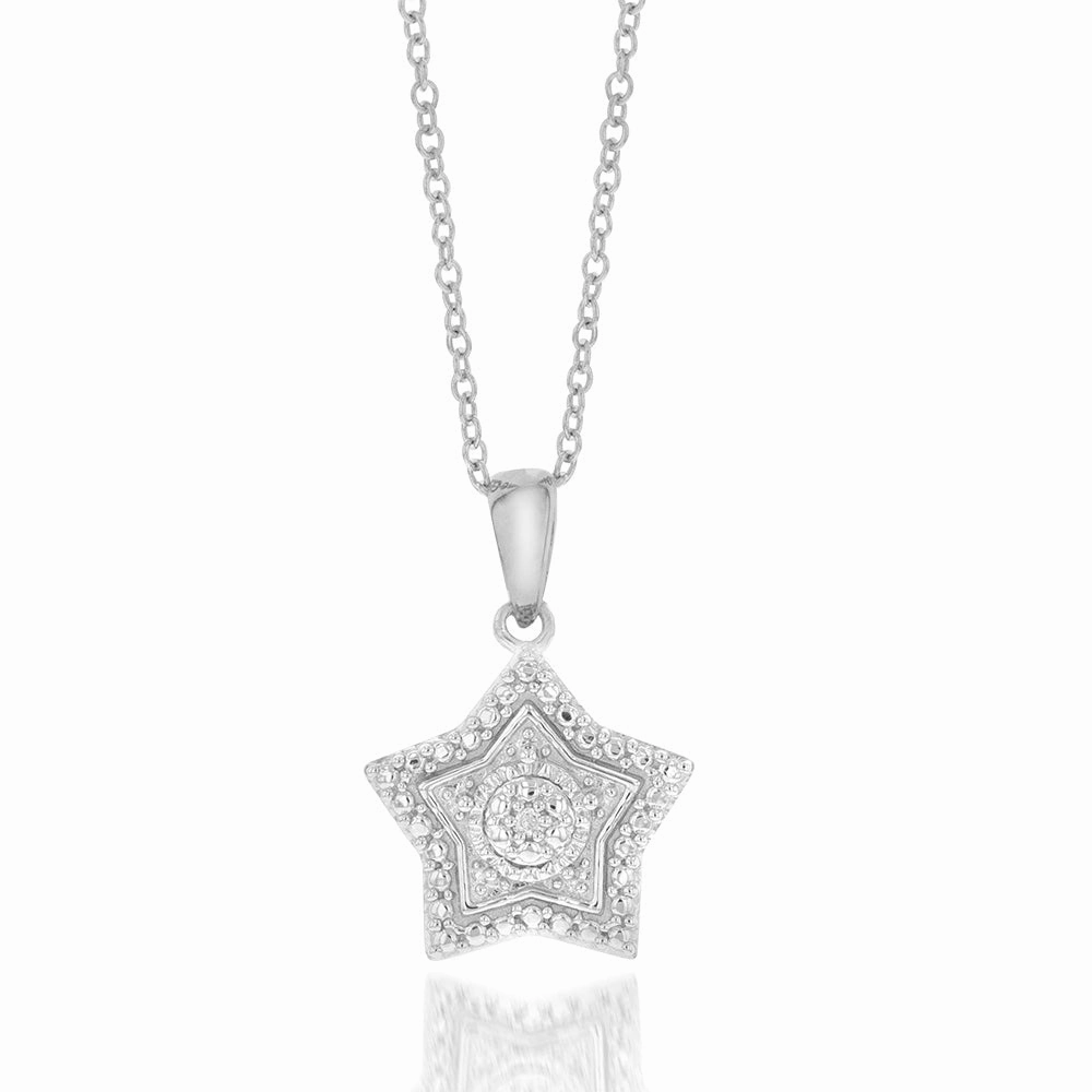 Sterling Silver With Diamond Star Shape Pendant On 45cm Chain